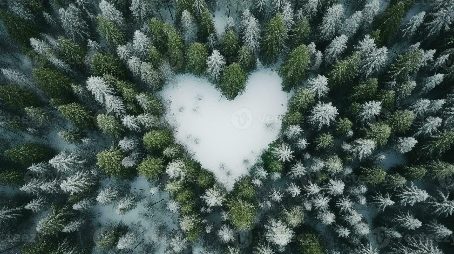 generativo ai, nebbioso inverno abete foresta con cuore forma, bellissimo paesaggio nel fricchettone Vintage ▾ retrò stile, sempreverde alberi con mostrare foto