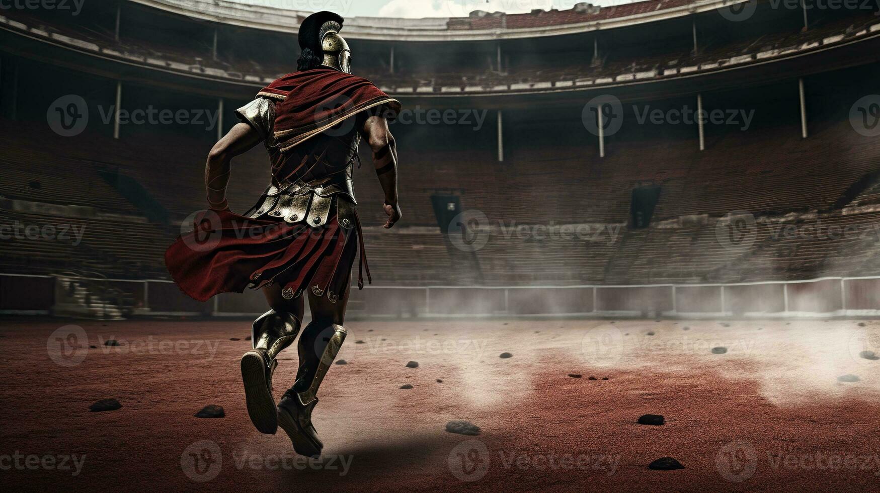 generativo ai, realistico illustrazione di un' feroce Gladiatore attaccare, in esecuzione. blindato romano Gladiatore nel combattere maneggiando un' spada ricarica in direzione il suo nemico. foto