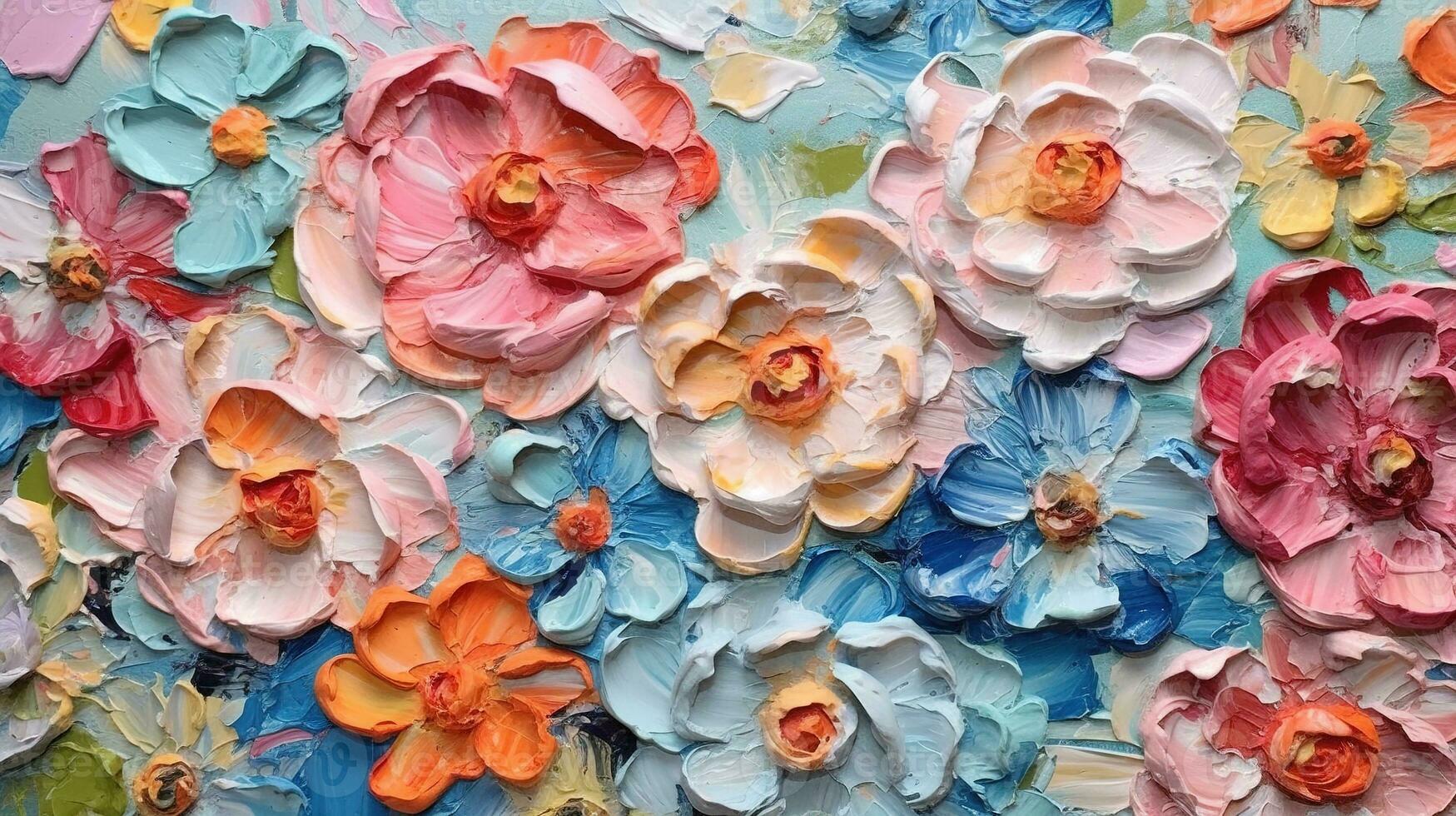 generativo ai, olio pittura di fiori su tela. bellissimo astratto colorato fiori. macro impasto la pittura. foto