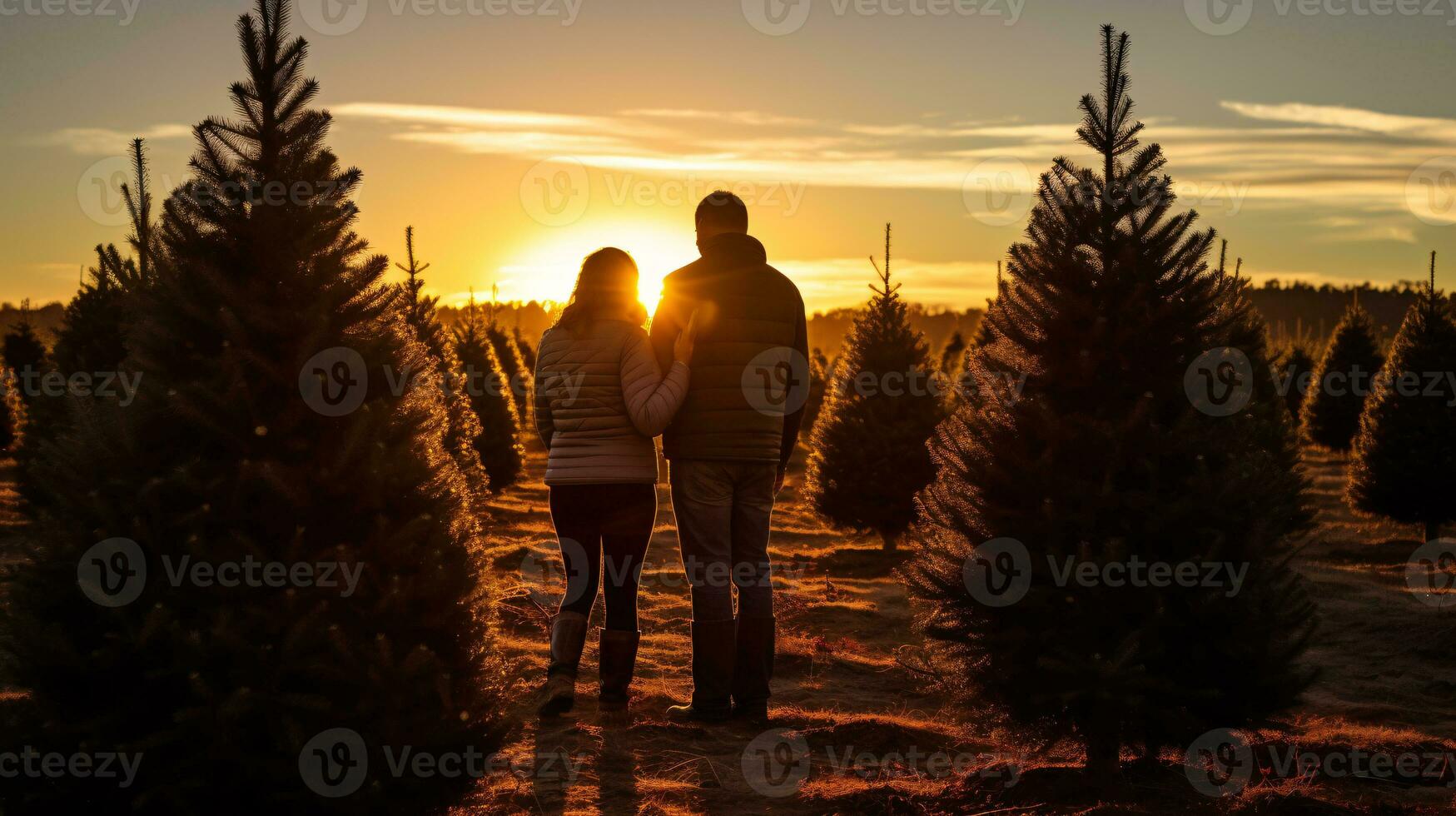 ai generativo coppie ricerca e taglio insieme il giusto pino albero per Natale, presto mattina luce del sole foto