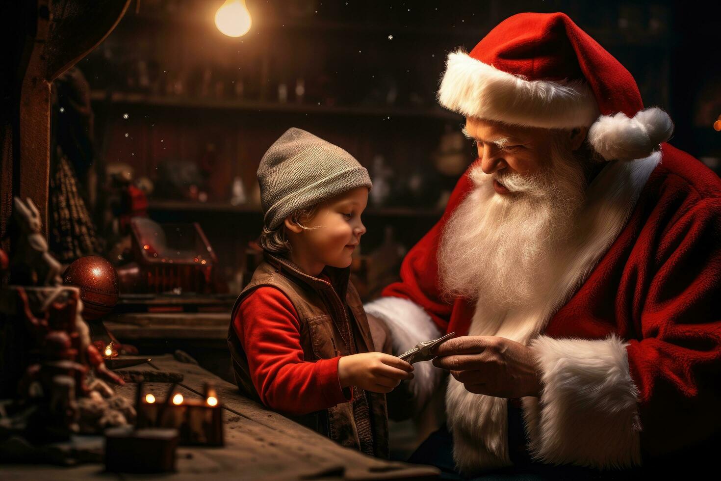 Santa Claus e il suo poco ragazza fabbricazione desiderio elenco a casa. Natale concetto, Santa clausola e il suo minuscolo lavoratore elfi nel il officina. nord pole.movie stile. cinematico illuminazione drammatico, ai generato foto