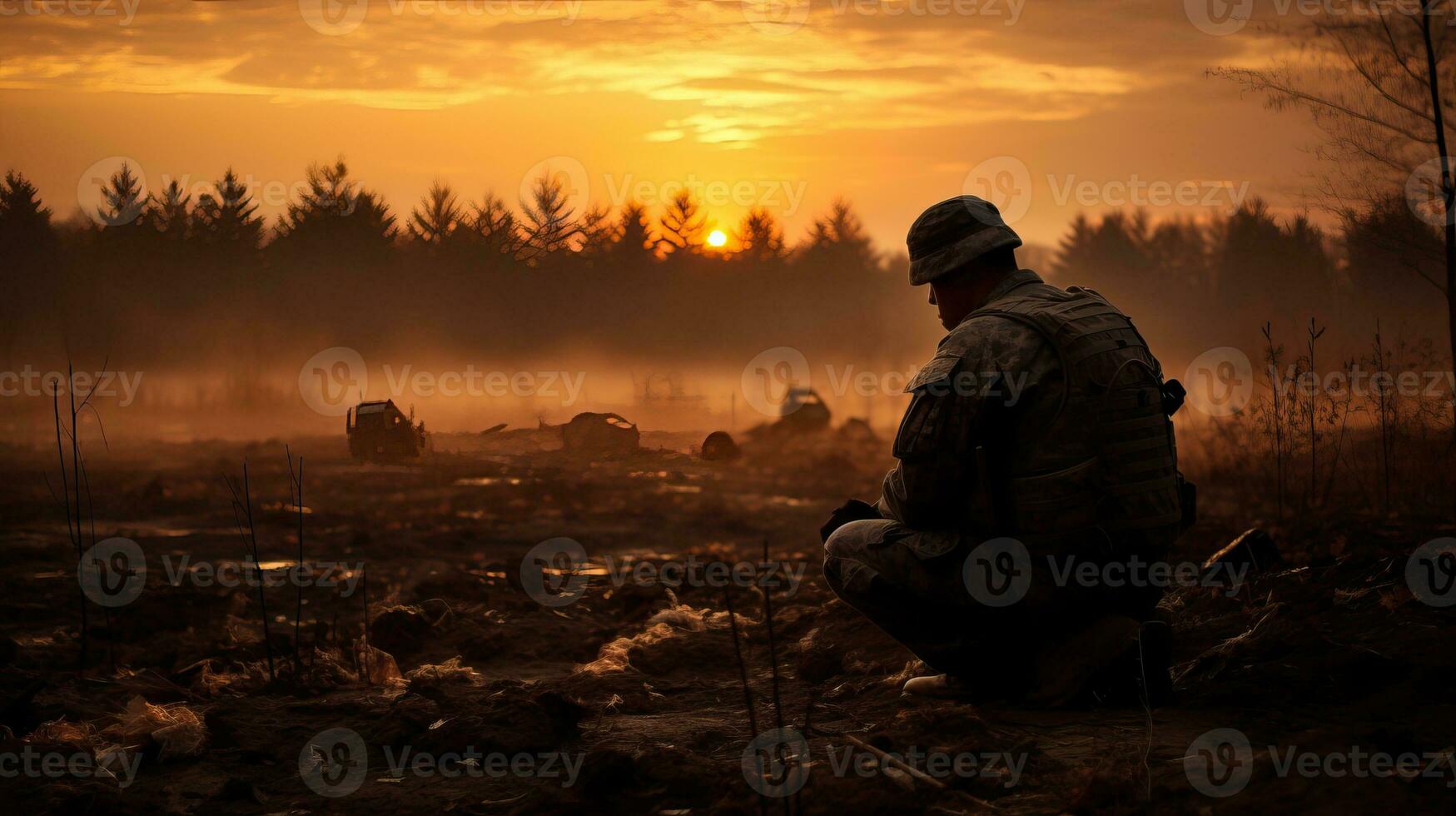 soldato seduta su il terra nel il foresta e Guardando il tramonto ai generato foto