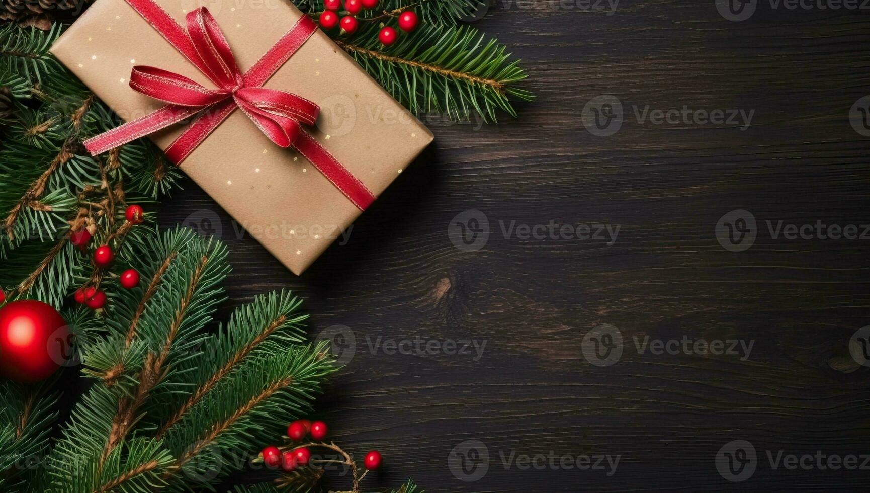 Natale sfondo con abete albero rami, regalo scatola e decorazioni su di legno tavola. ai generato. foto