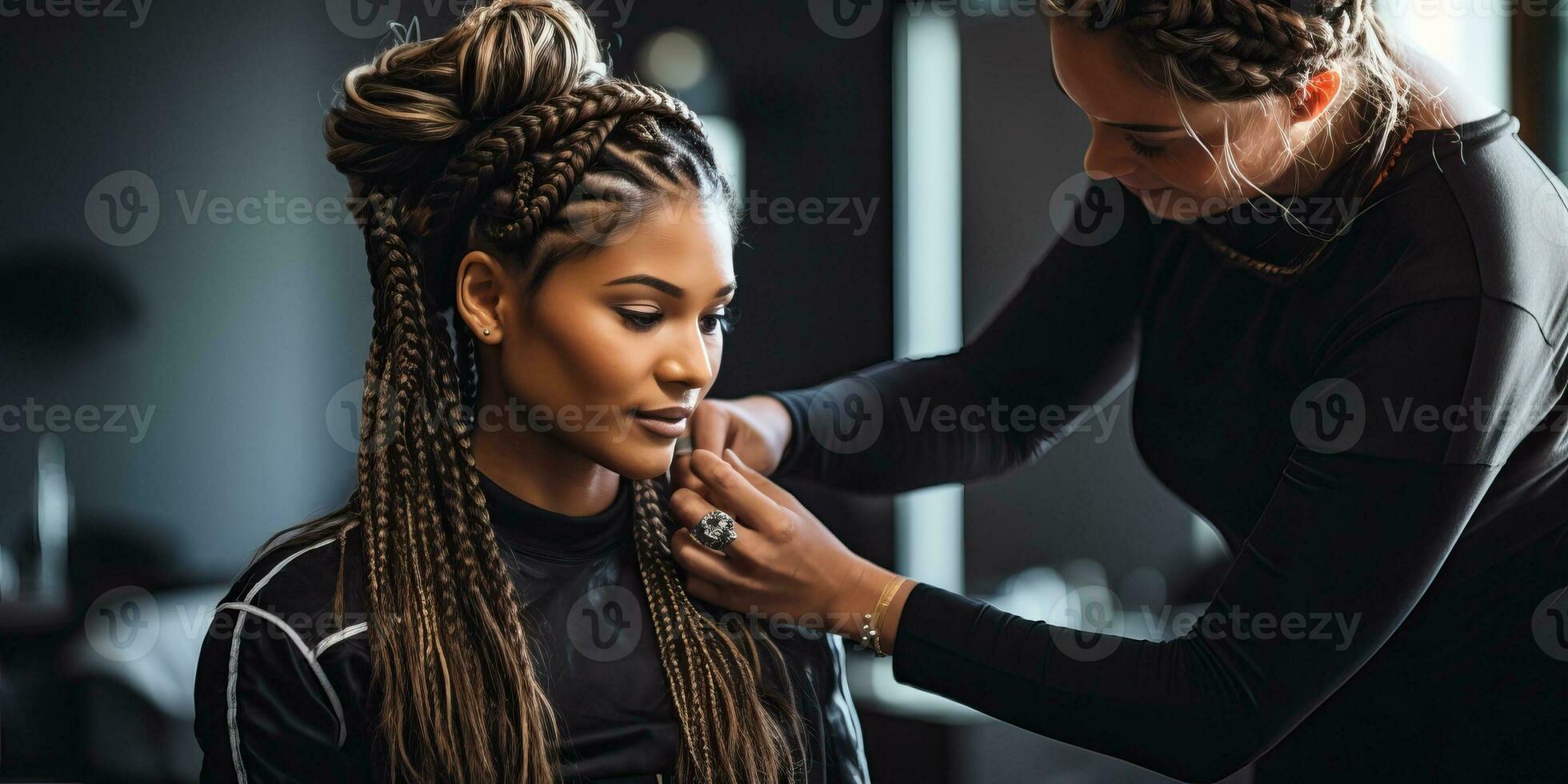 africano americano parrucchiere Lavorando con dreadlocks nel salone. ai generato. foto