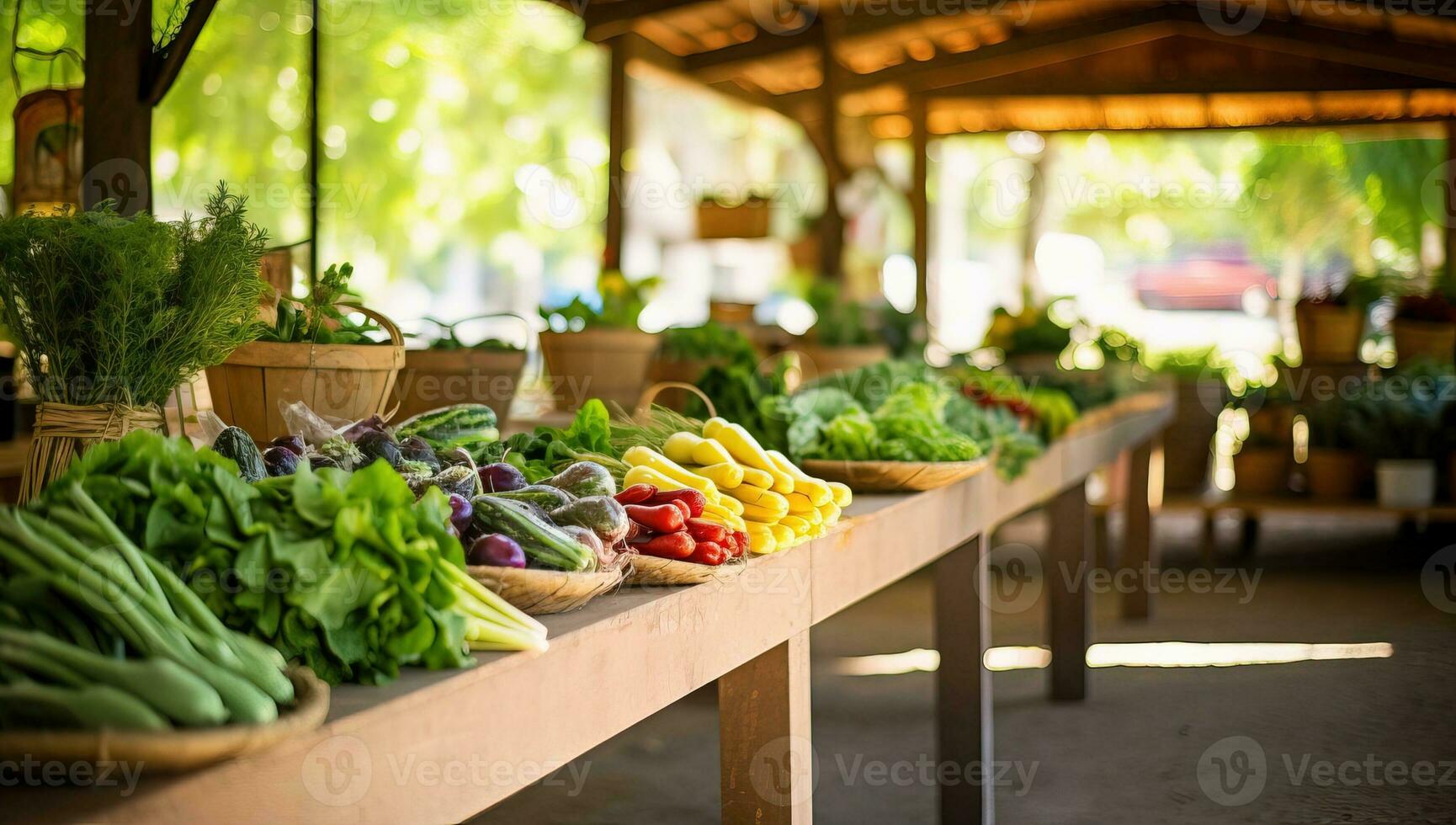 varietà di fresco verdure su il contatore a il agricoltori mercato. ai generato. foto