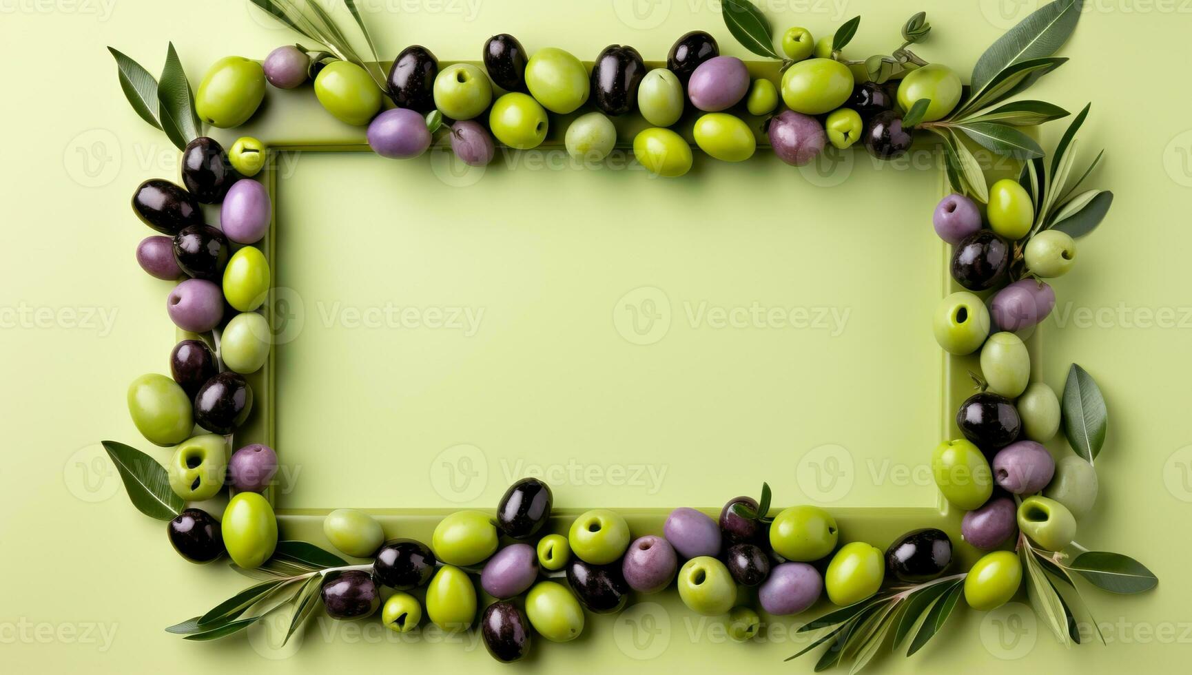 telaio fatto di olive con verde e viola olive su verde sfondo ai generato foto