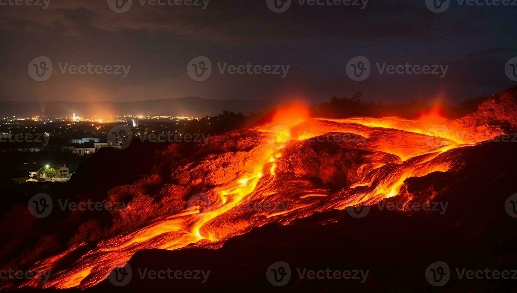 vulcanico eruzione a notte. ai generato. foto