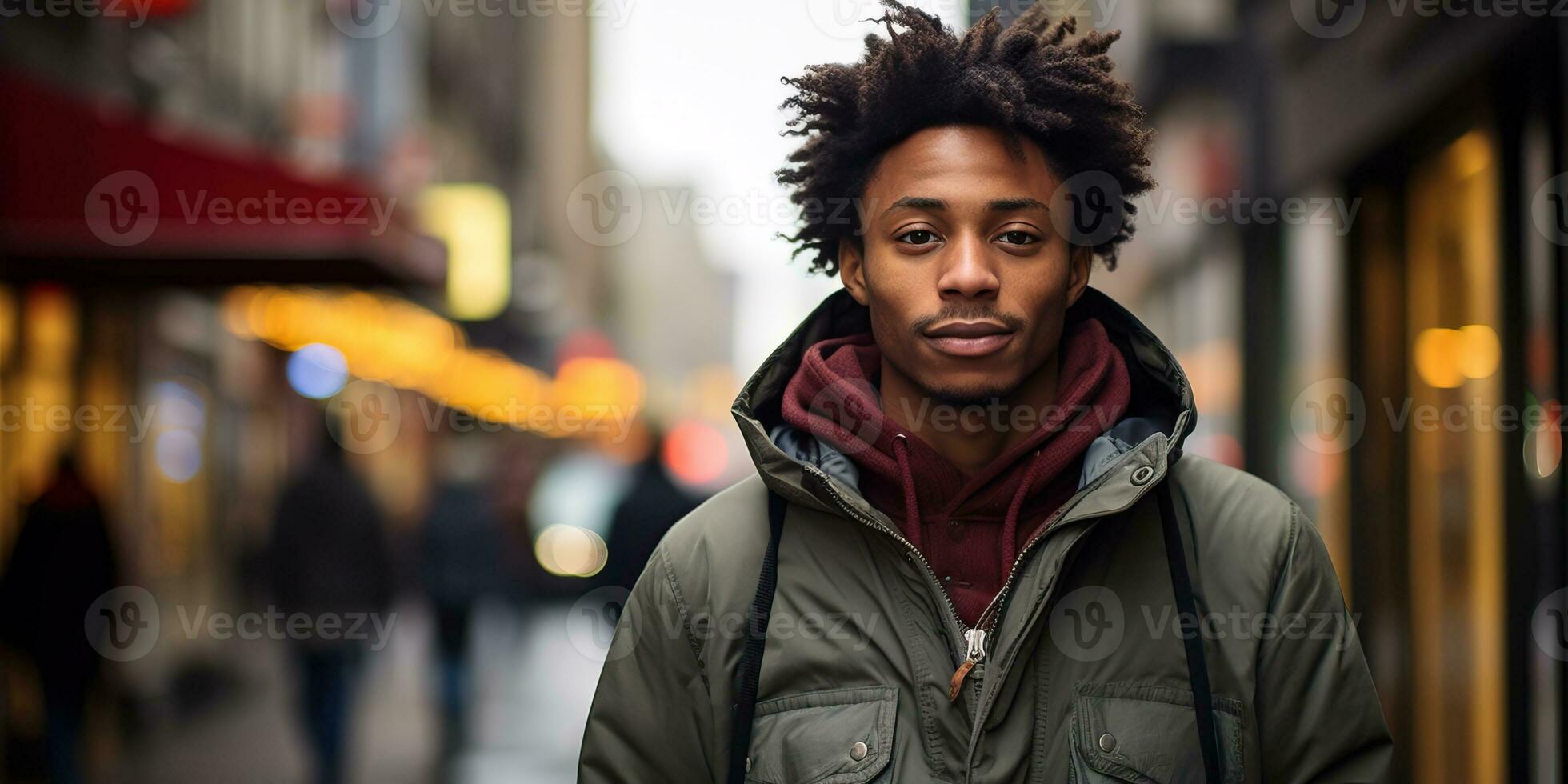giovane africano americano uomo con afro acconciatura nel il città. ai generato. foto