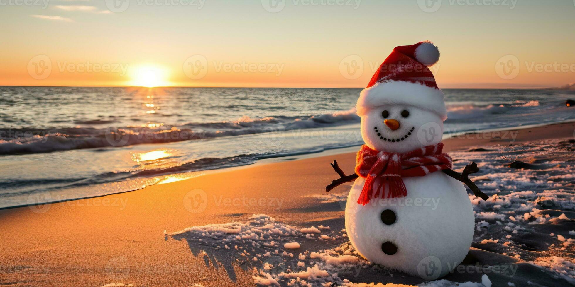 pupazzo di neve su il spiaggia a tramonto nel inverno. Natale e nuovo anno concetto ai generato foto