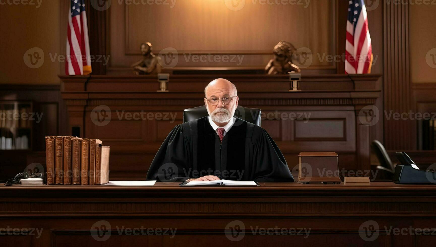giudice seduta a il suo scrivania nel il aula di tribunale. legge e giustizia concetto. ai generato. foto