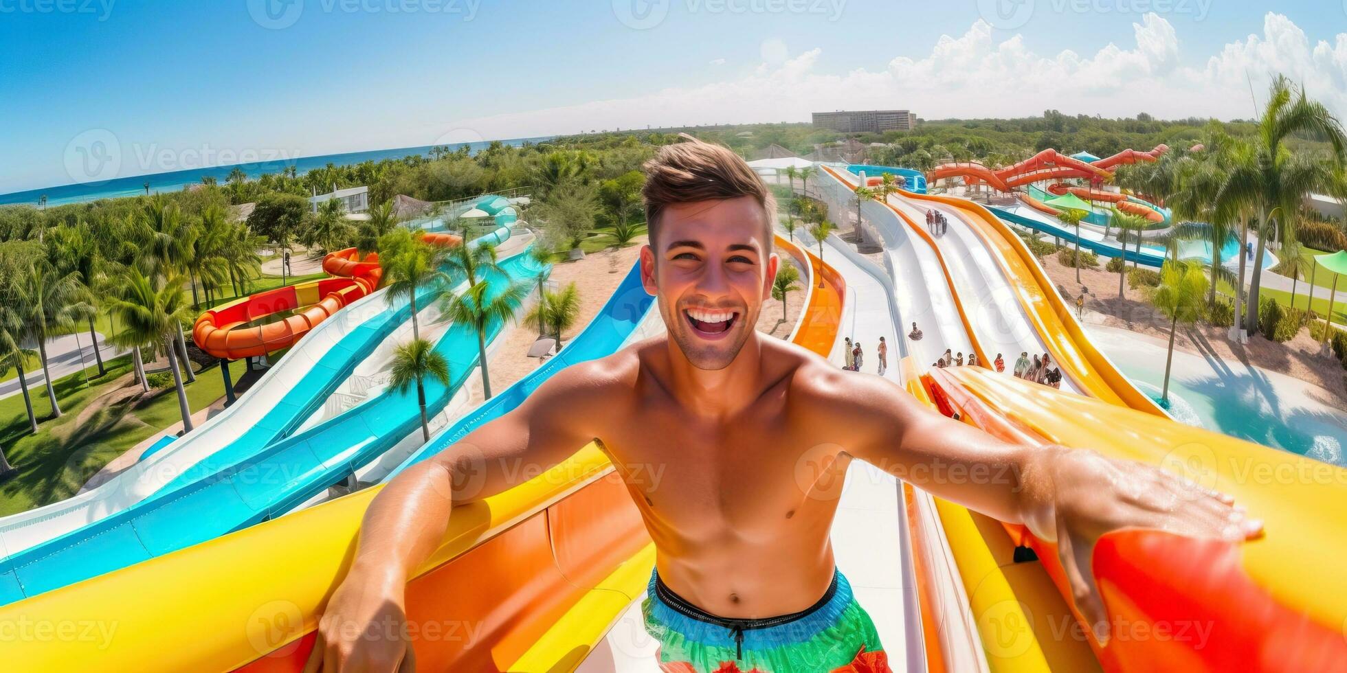 giovane uomo avendo divertimento su acqua diapositiva a Parco acquatico. estate vacanza e viaggio concetto ai generato foto