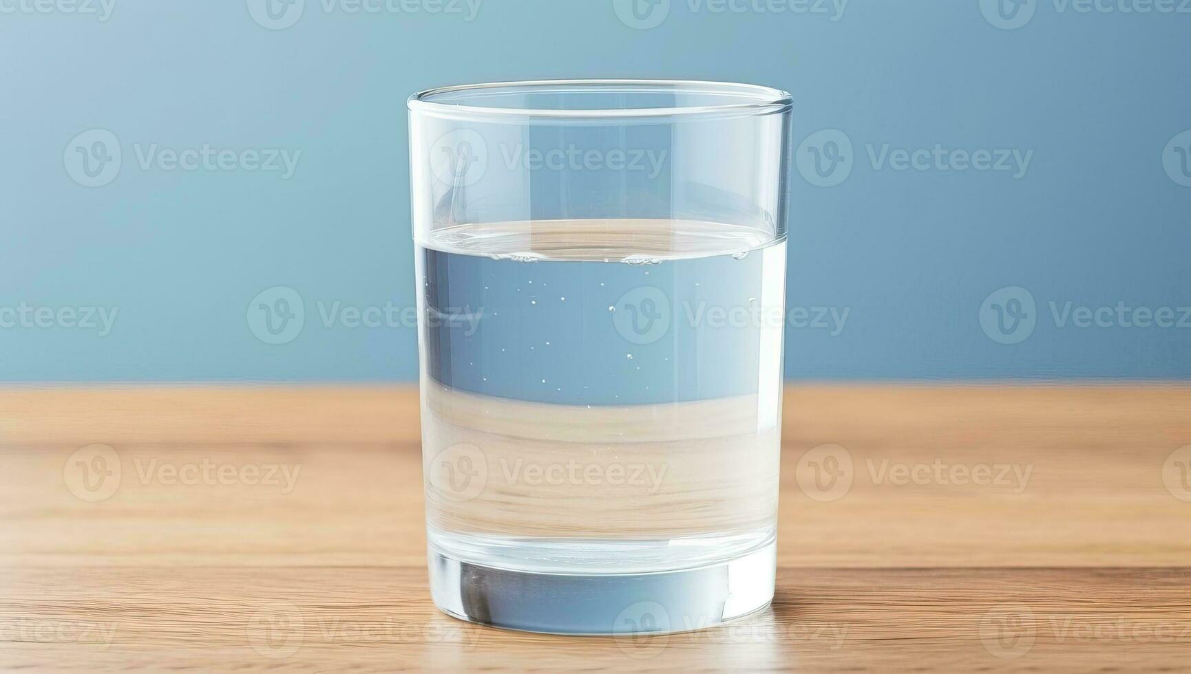bicchiere di acqua su di legno tavolo al di sopra di blu sfondo. ai generato. foto
