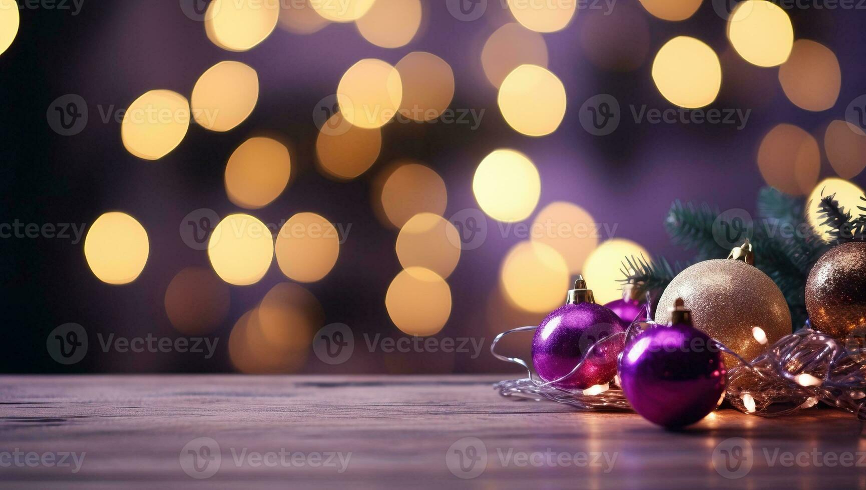 Natale decorazione su un' di legno tavolo con bokeh luci nel il sfondo ai generato foto