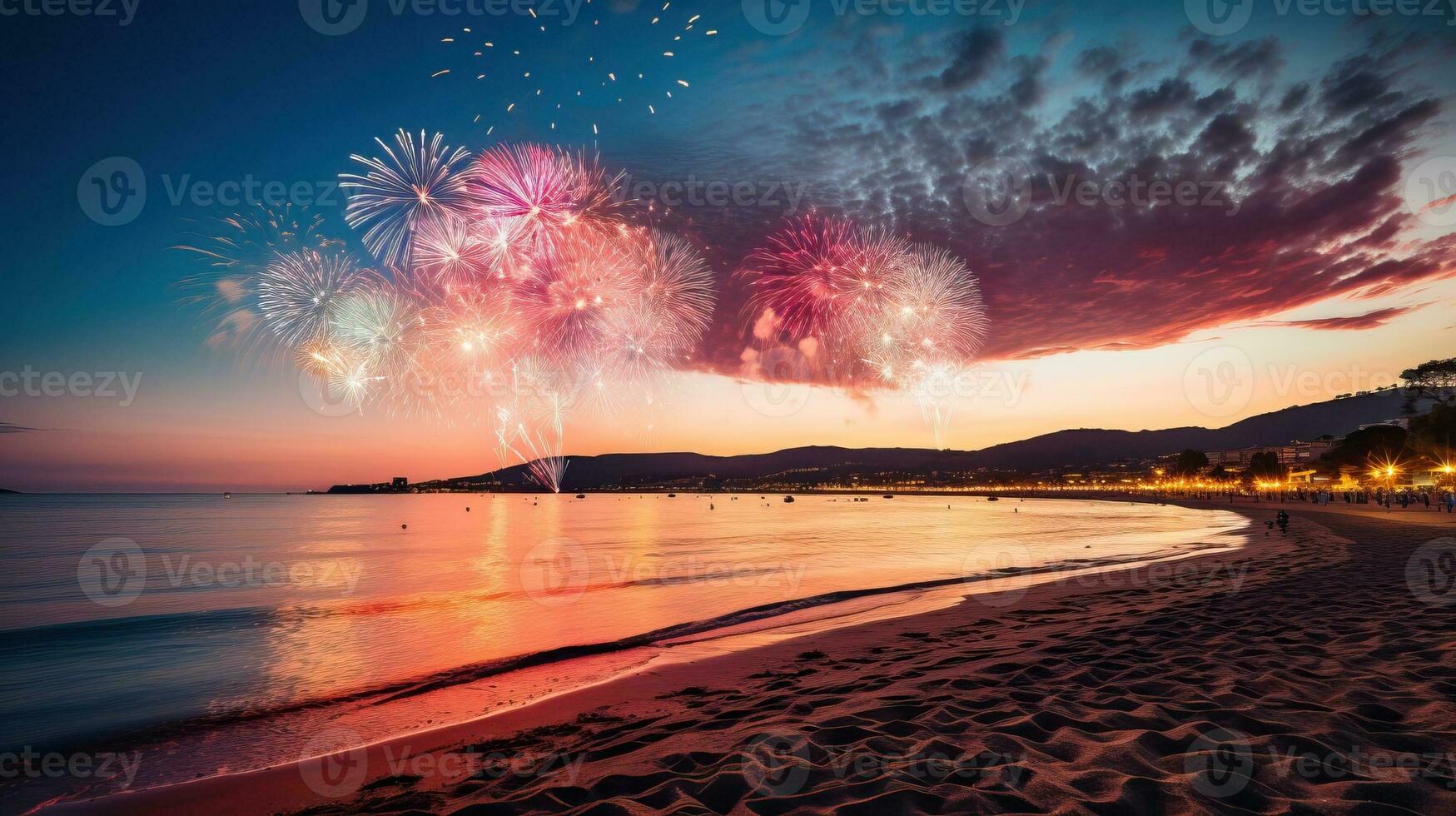 colorato fuochi d'artificio di vario colori al di sopra di il mare e spiaggia ai generato foto