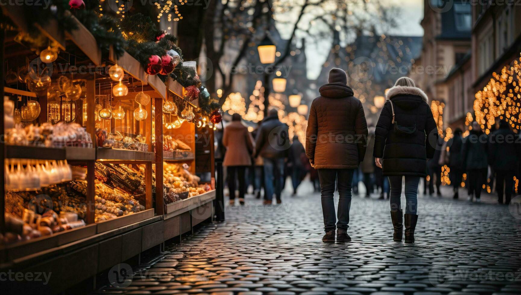 persone a piedi su il Natale mercato. ai generato. foto