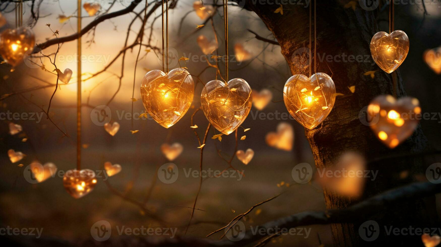 scintillare raggiante cuore riflessa luci, arancia e oro, travolgente visivo, romantico scenario, sognante, copia spazio, saluto carta, ai generativo foto