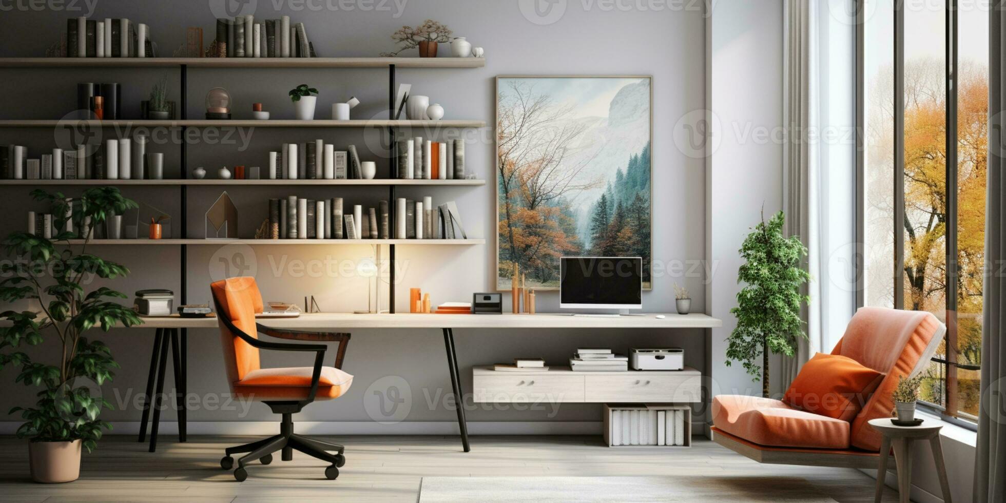 contemporaneo arredato casa ufficio, confortevole ufficio, spazio di lavoro con scrivania e sedia, elegante interno disegno, ai generativo foto