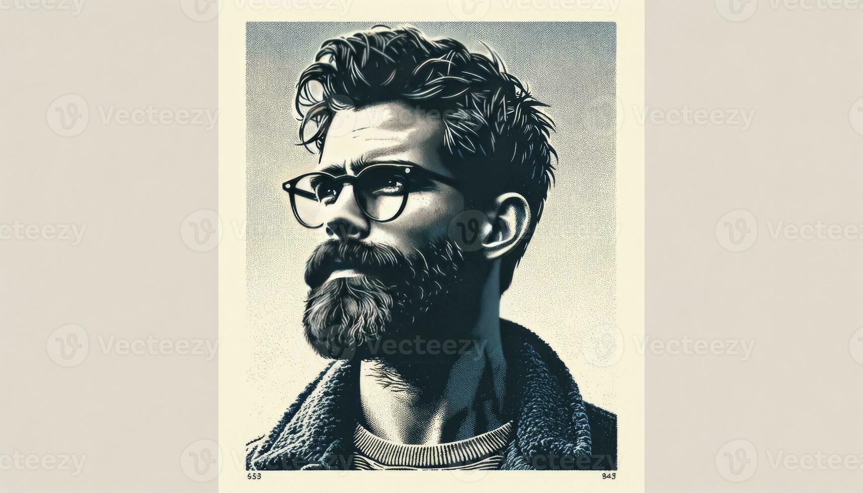 un' stilizzato ritratto di un' uomo con un' barba e occhiali, catturato con il retrò e granuloso struttura caratteristica di risografo stampa. ai generato foto