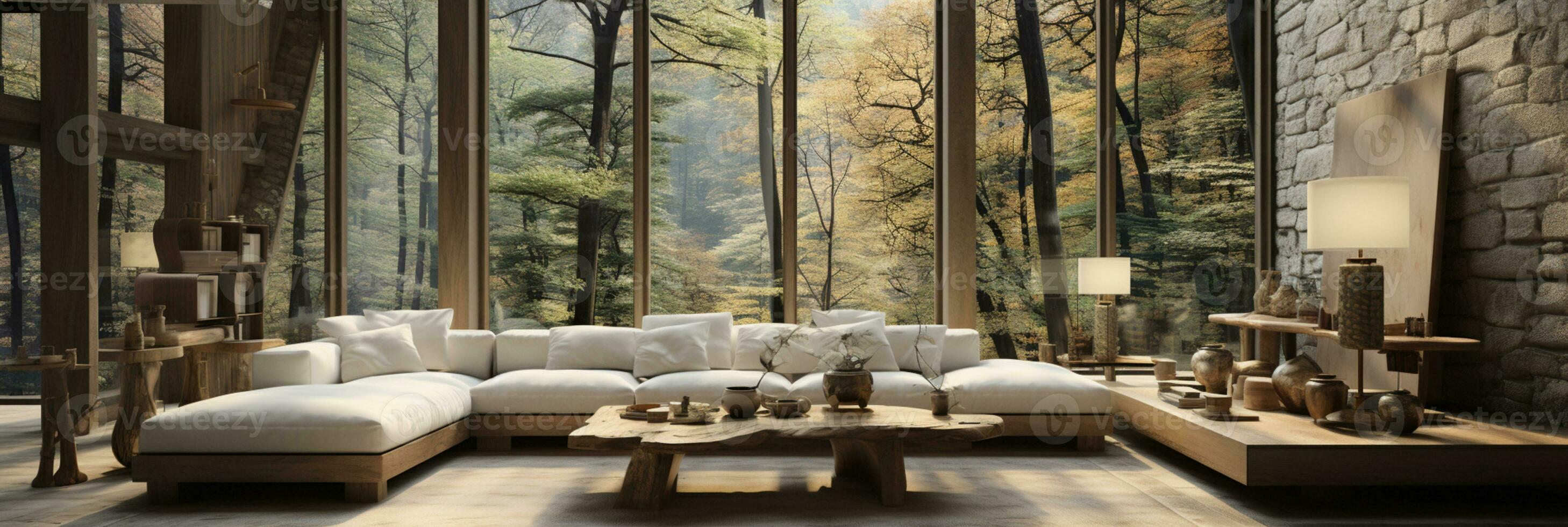 interno disegno, minimalista vivente camera con sereno natura Visualizza, bellissimo villa design nel il foresta, ai generativo foto
