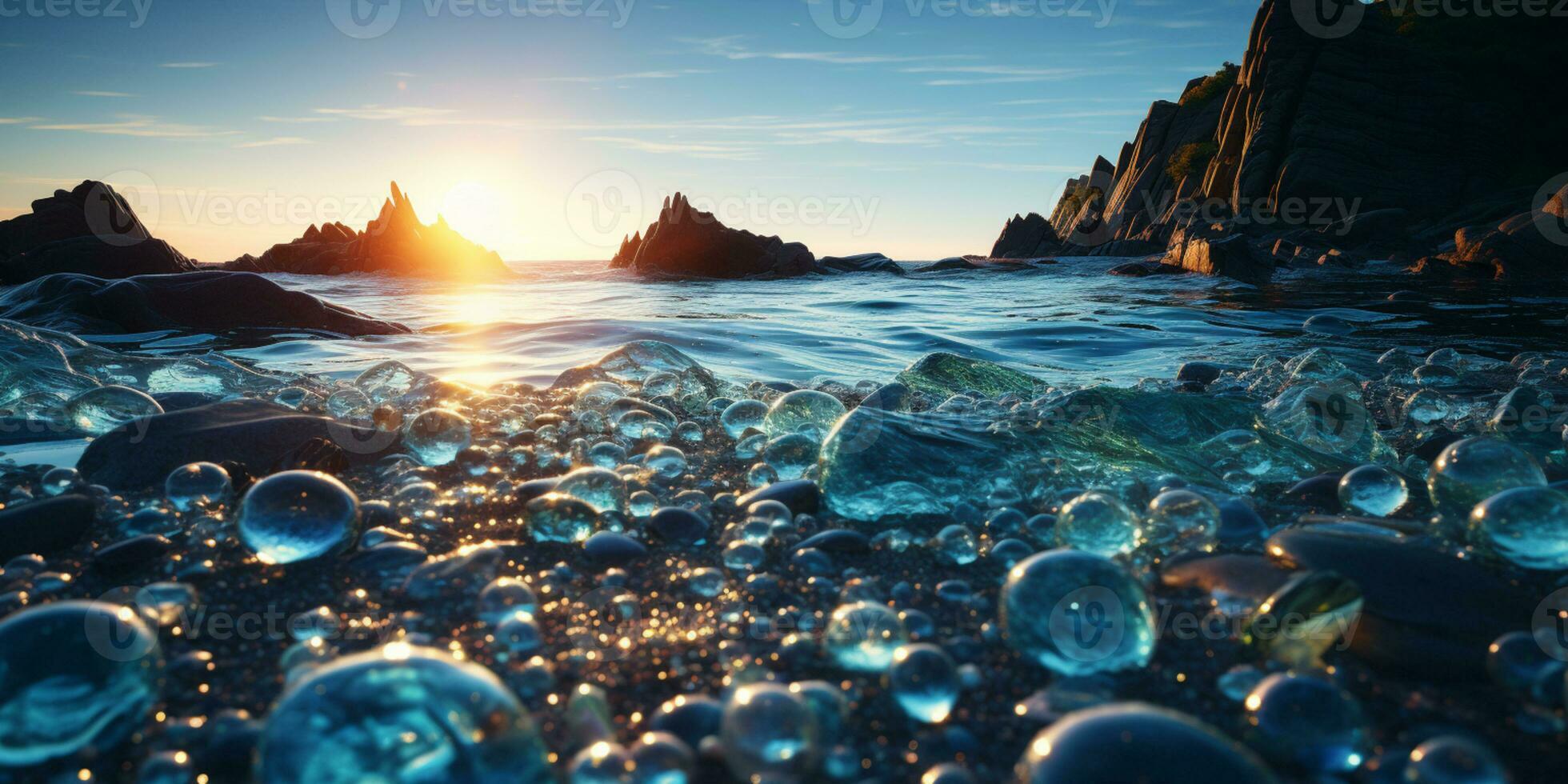 bellissimo bicchiere spiaggia, colorato ciottoli, fantasia paesaggio marino, sognante atmosfera, ai generativo foto