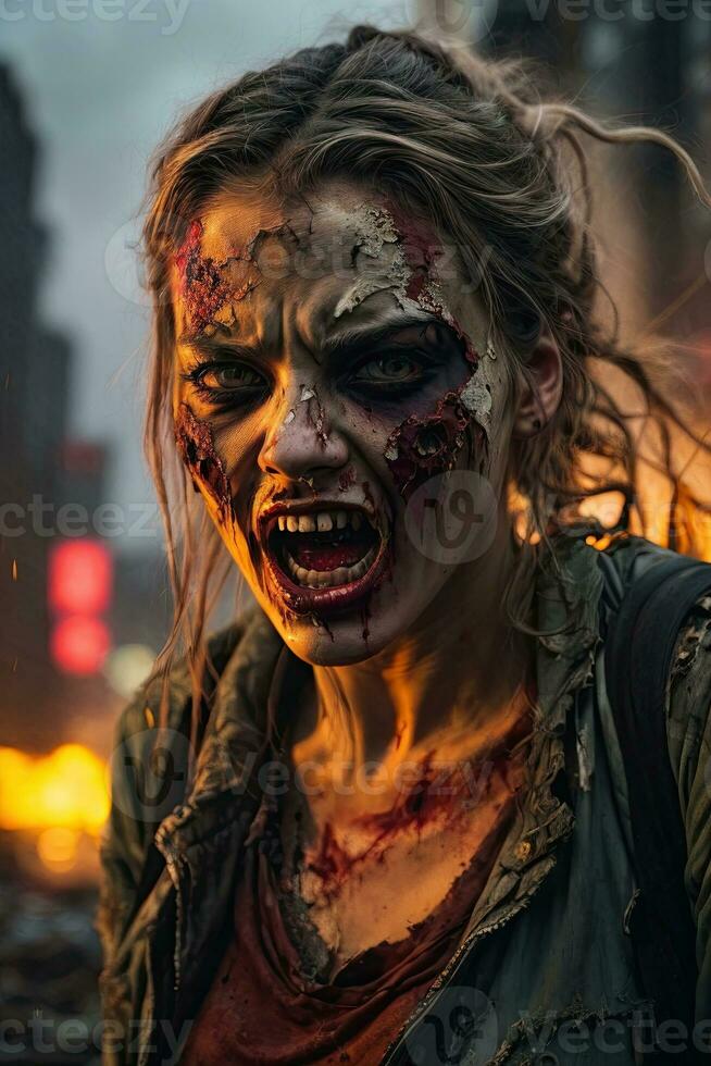 pauroso zombie con sanguinoso viso all'aperto, avvicinamento. Halloween mostro, ai generativo foto