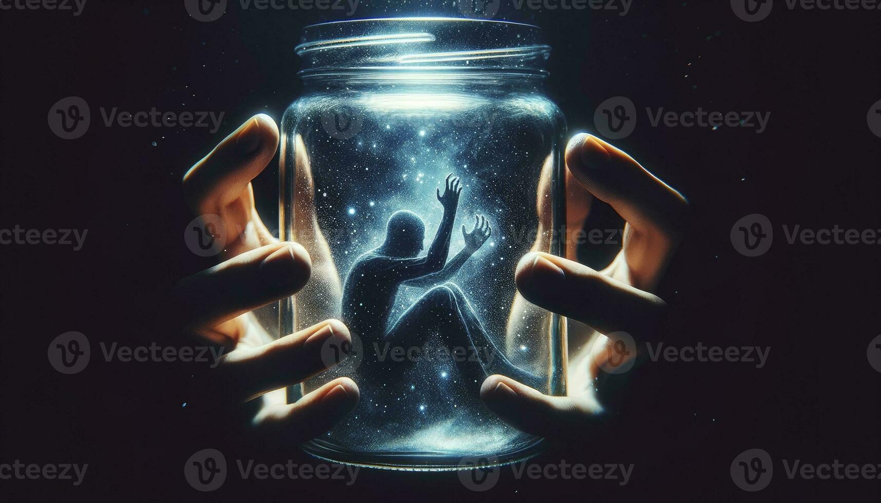 un opera d'arte mostrando un' persona apparentemente intrappolati dentro un' bicchiere barattolo, che rappresentano sentimenti di confinamento, impotenza, e isolamento. ai generato foto