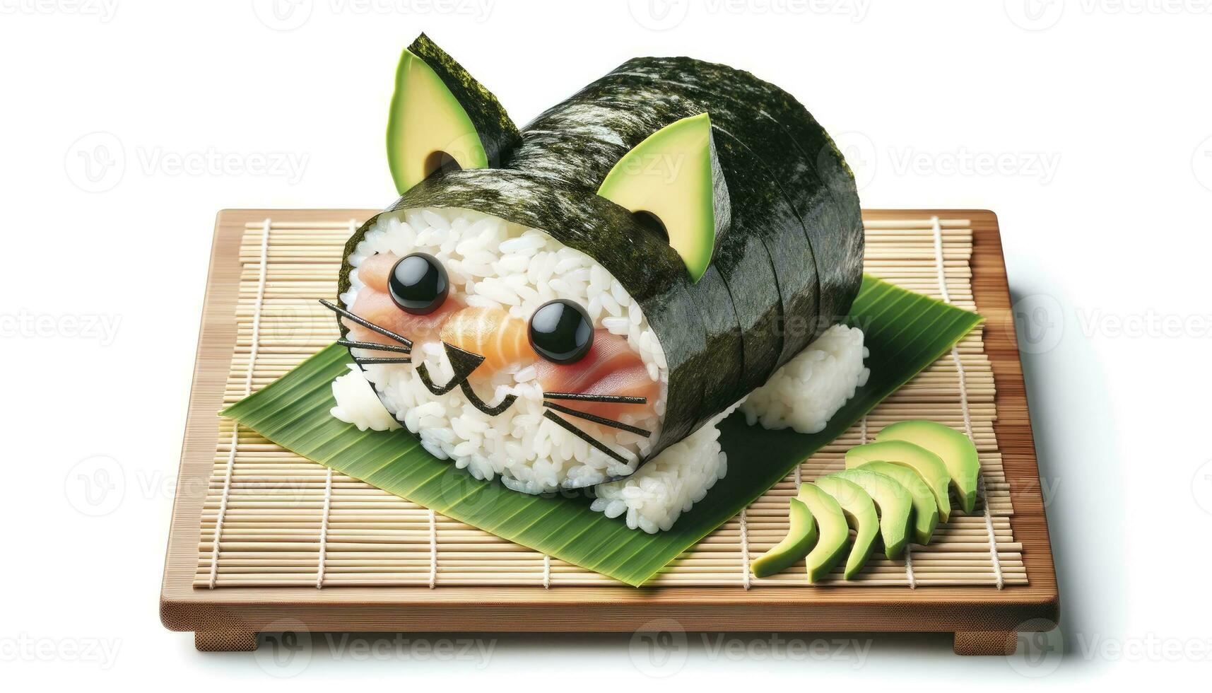 raffigurante Sushi è disposte per Guarda piace un' giocoso creatura, con vario Sushi componenti che rappresentano diverso parti di il creatura, impostato su un' bambù stuoia. ai generativo foto