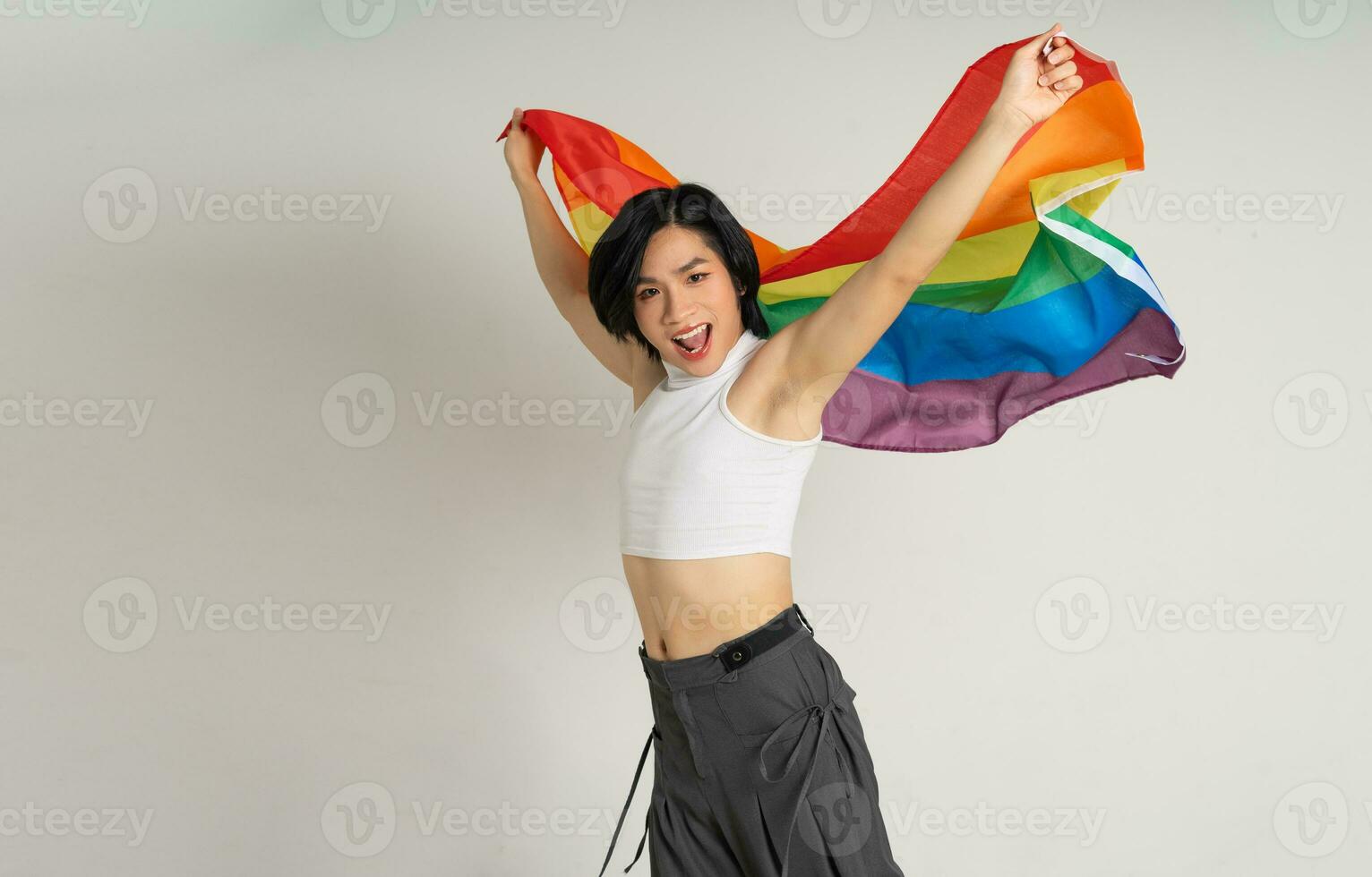 Immagine di asiatico gay uomo Tenere un' arcobaleno bandiera con fiducia in posa su un' bianca sfondo foto