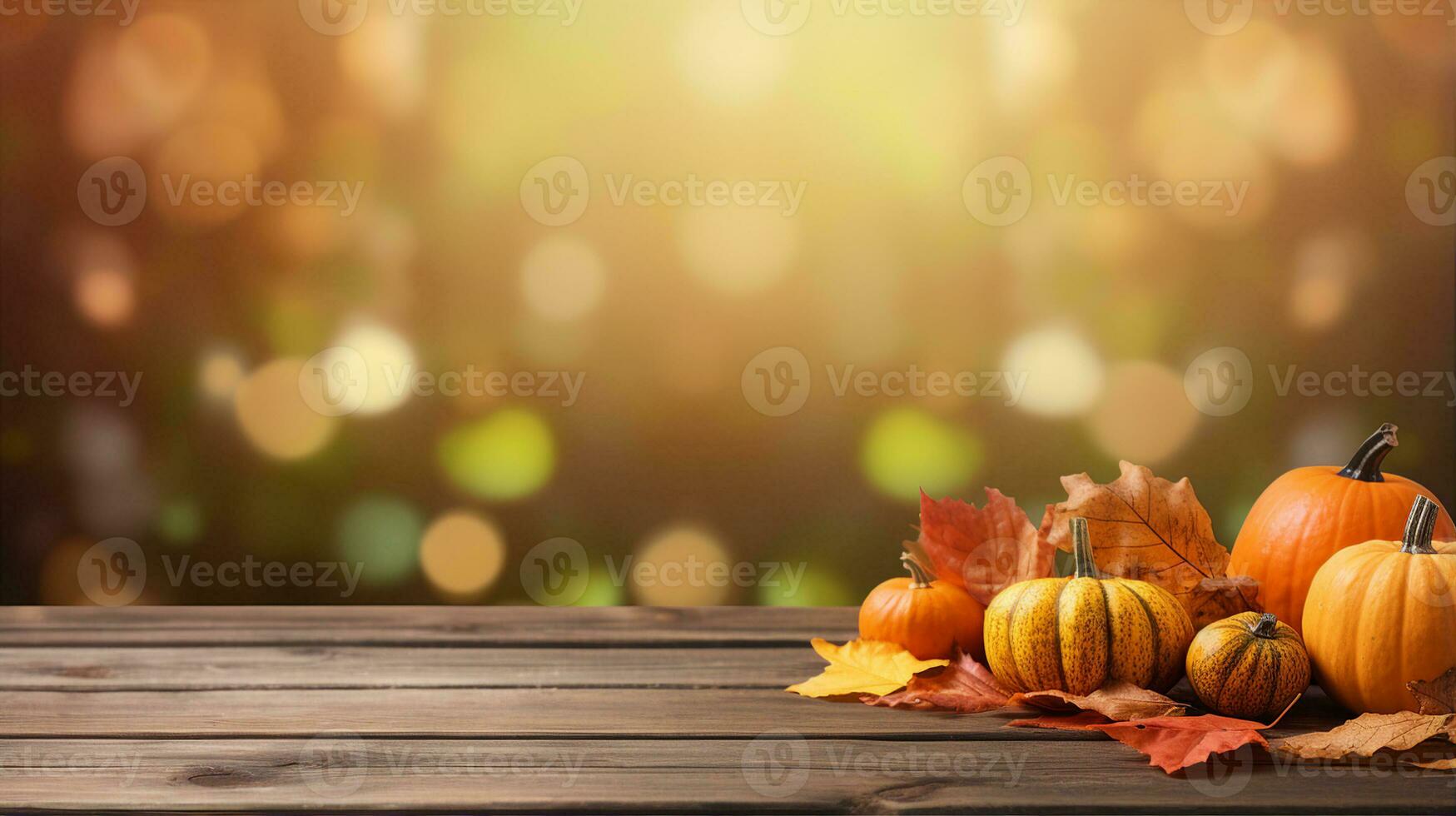 autunno composizione con zucche e caduto le foglie su un' di legno superficie contro un' bokeh sfondo. generativo ai foto