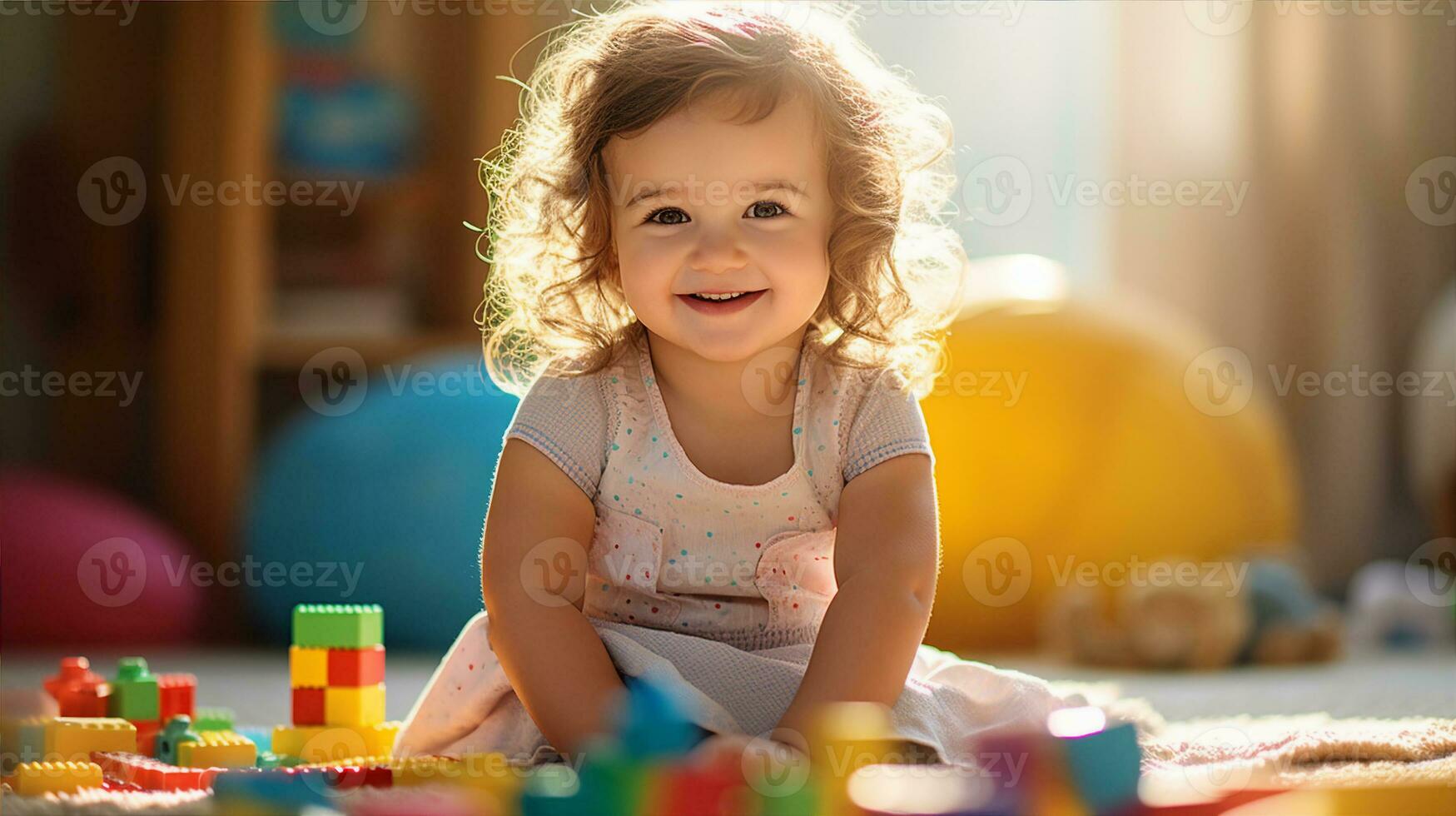 un' sorridente bambino piccolo giocando con colorato blocchi su un' morbido tappeto sotto caldo luce del sole, circondato di giocattoli. generativo ai foto