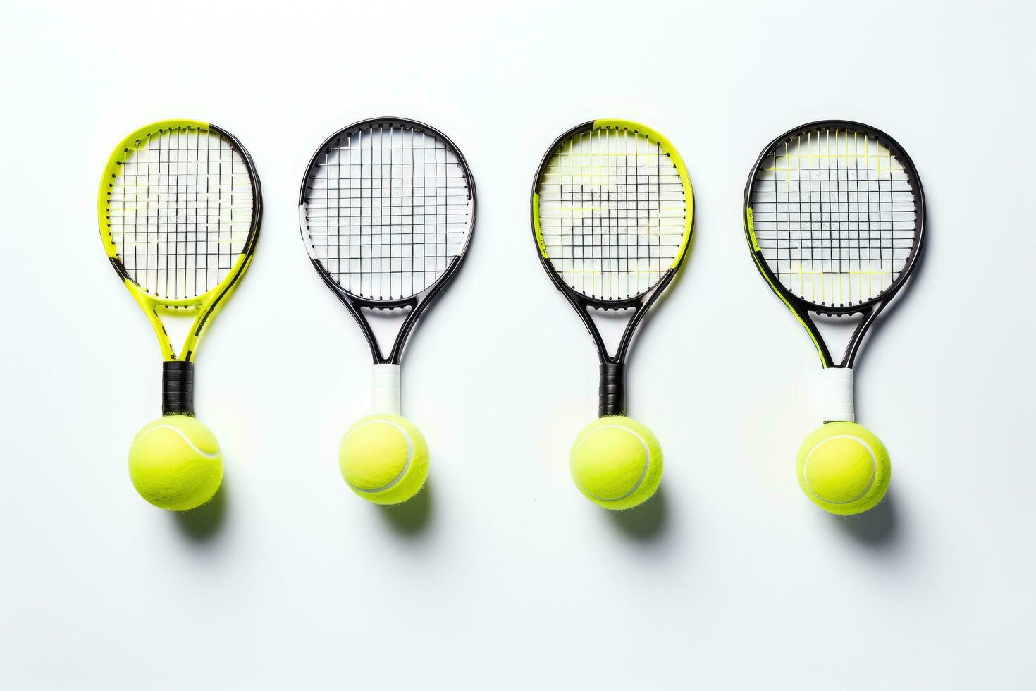tennis racchetta e palle isolato su bianca sfondo. superiore Visualizza, tennis palle su un' racchette su diverso posizioni, bianca sfondo, ai generato foto