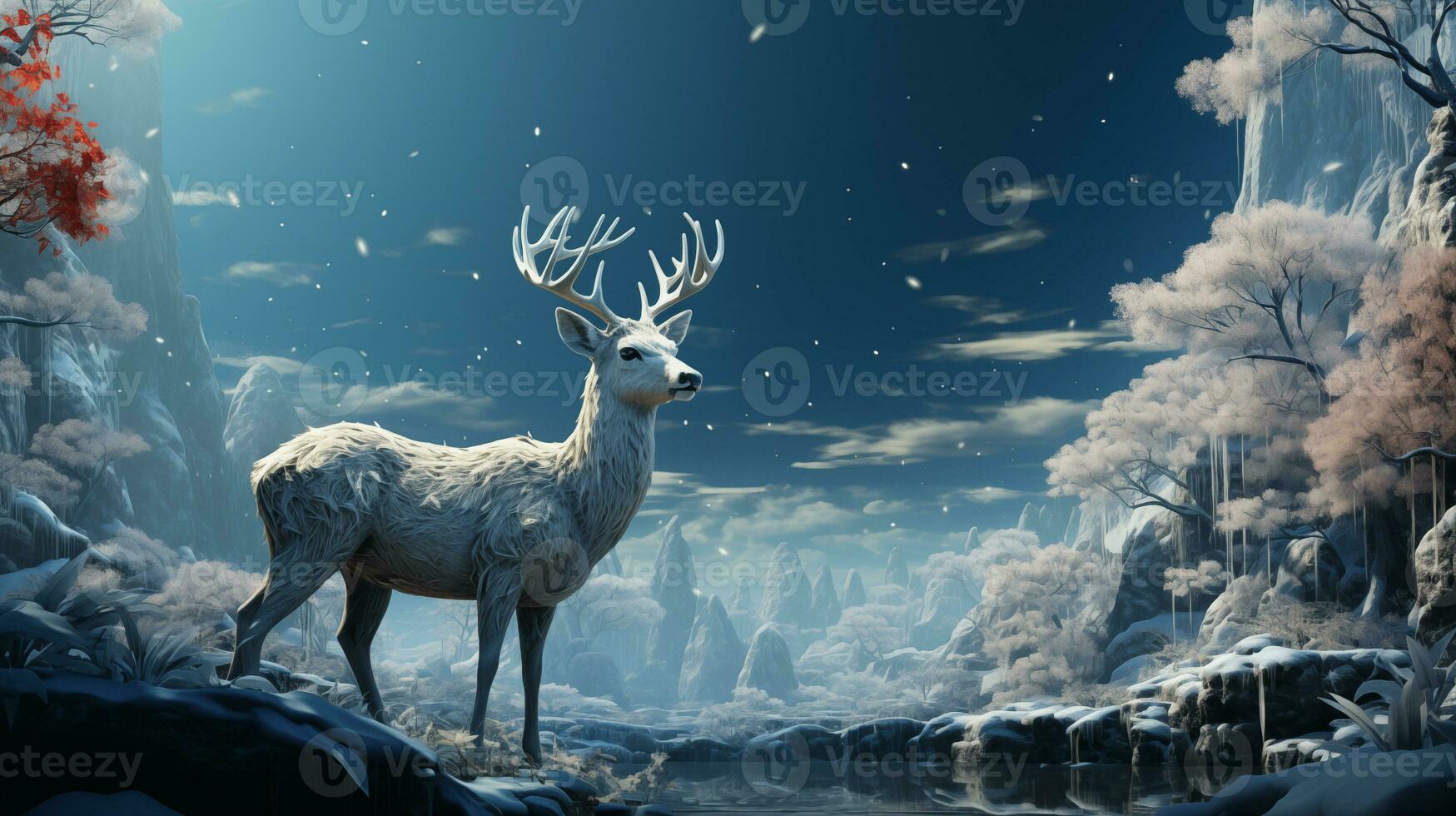 renna nel nevoso paesaggio con pini foresta e colline su sfondo. disegno arte e dipingere stile di innevato campo. orizzontale natura scena. foto