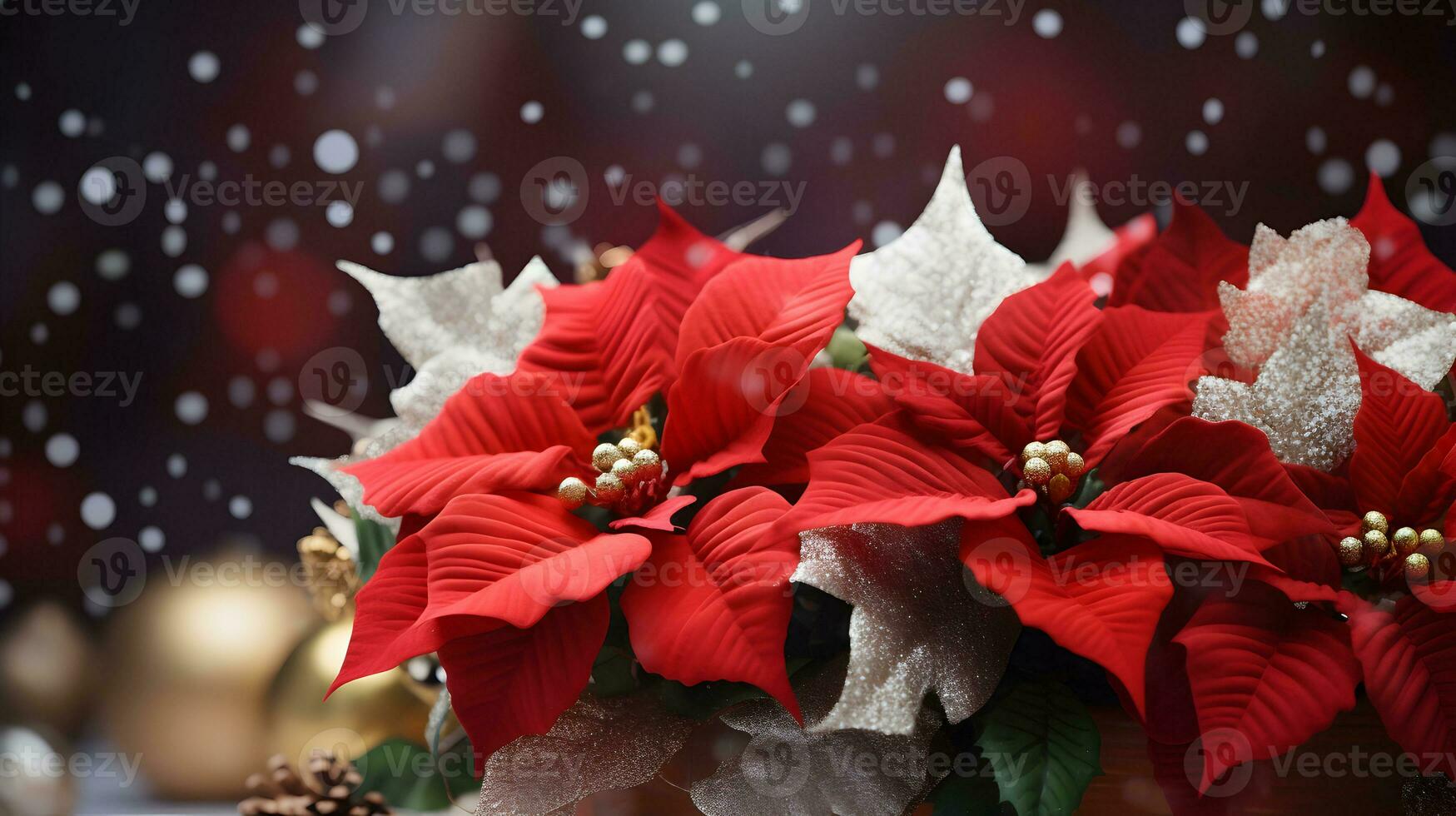 Natale decorazione con poinsettia e pino disposizione. ai generato Immagine. foto