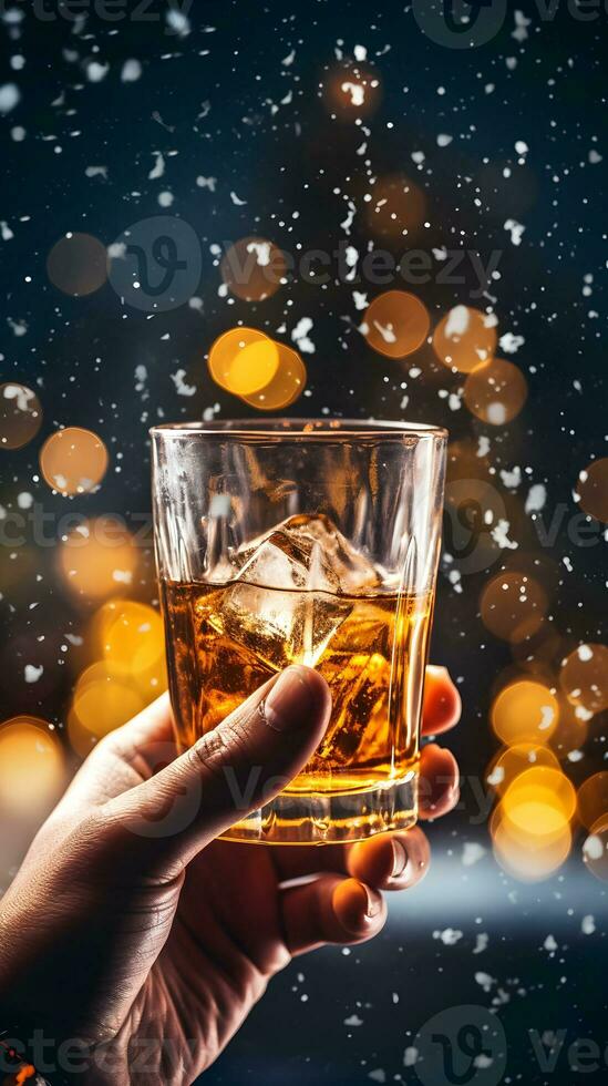 uomo mano Tenere bicchiere di Whisky scotch con Ghiaccio. ai generato Immagine. foto