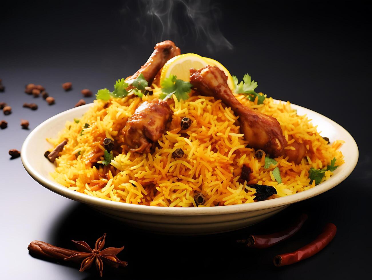 un' piatto di caldo biryani con carne foto