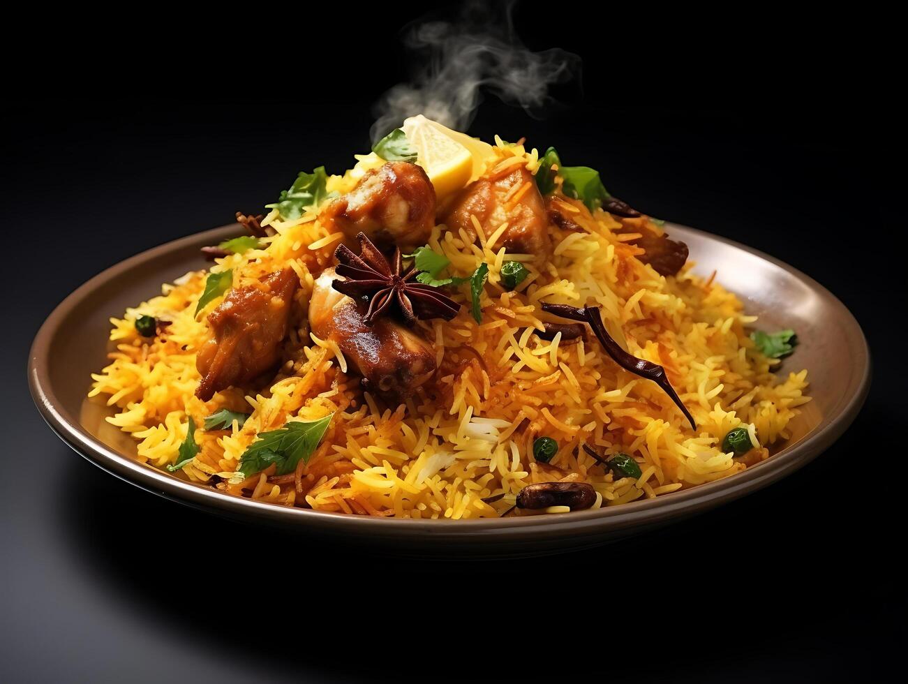 un' piatto di caldo biryani con carne foto