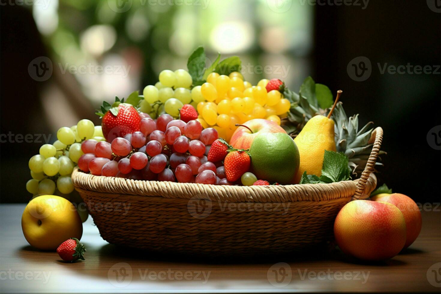 un' affascinante frutta cestino, ornato con fresco frutta contro un' fondale ai generato foto