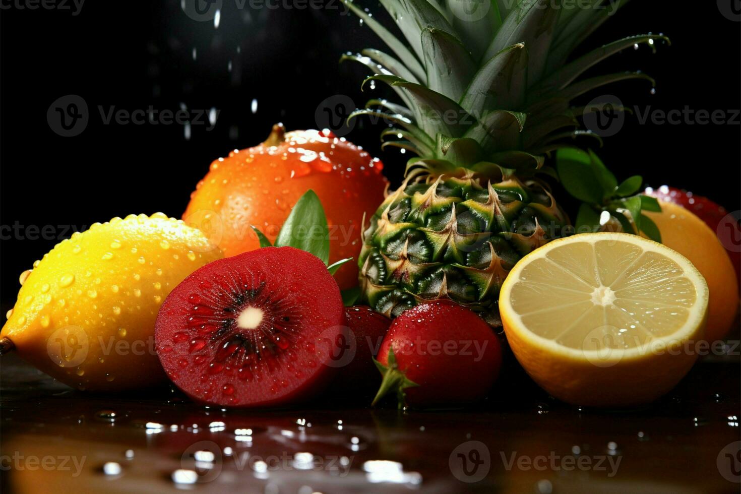 tropicale frutta assortimento con scintillante acqua goccioline su il lato ai generato foto