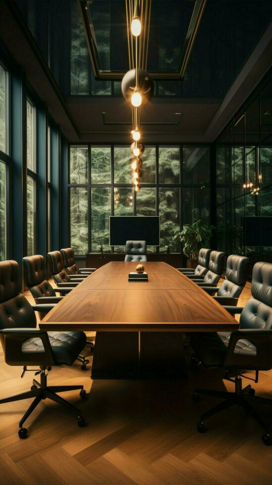 sofisticato sala del consiglio design grande nero tavolo, felpa Marrone sedie, tv verticale mobile sfondo ai generato foto