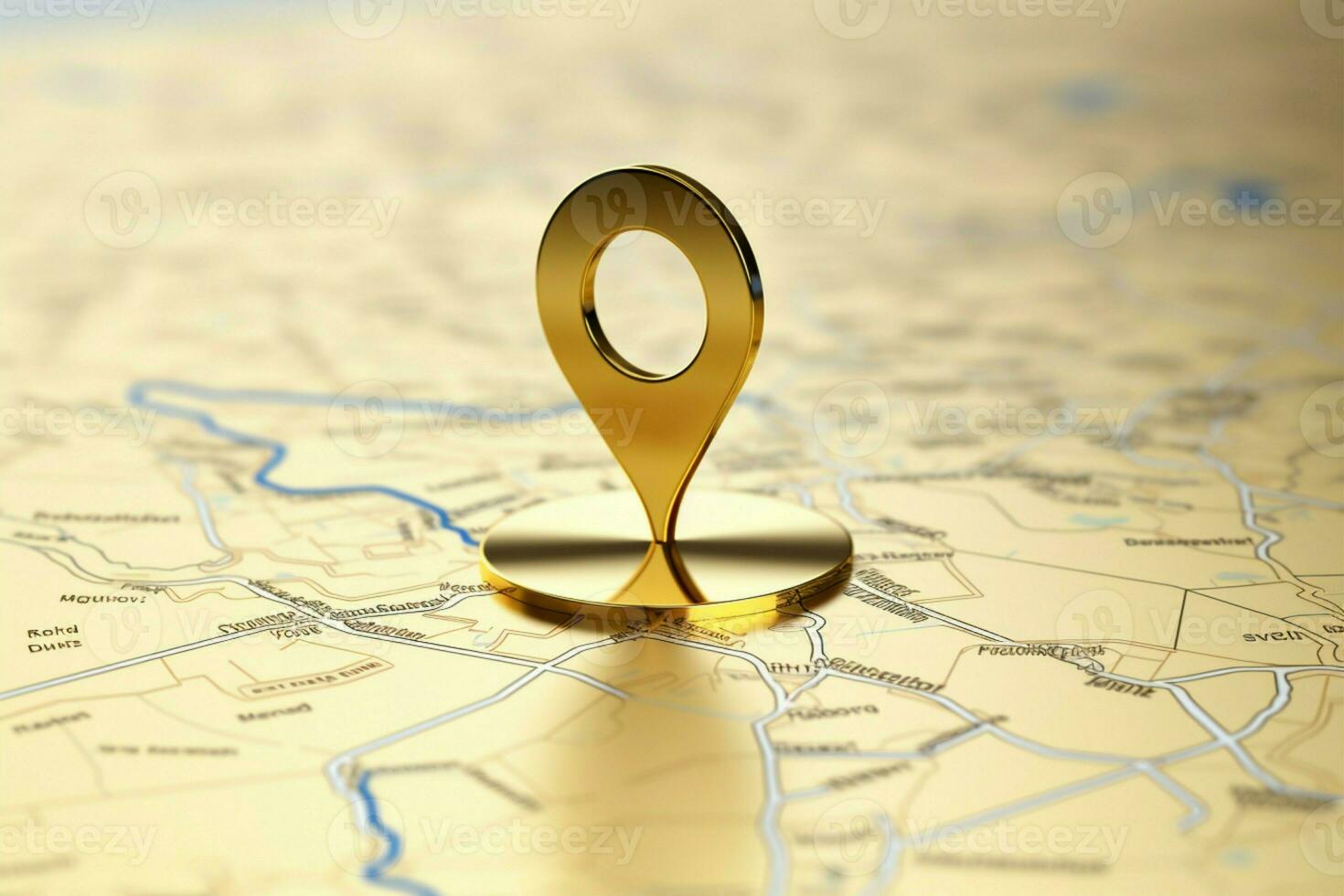 dorato carta geografica Pinpoint isolato oro marcatore su bianca, strutturato sfondo ai generato foto