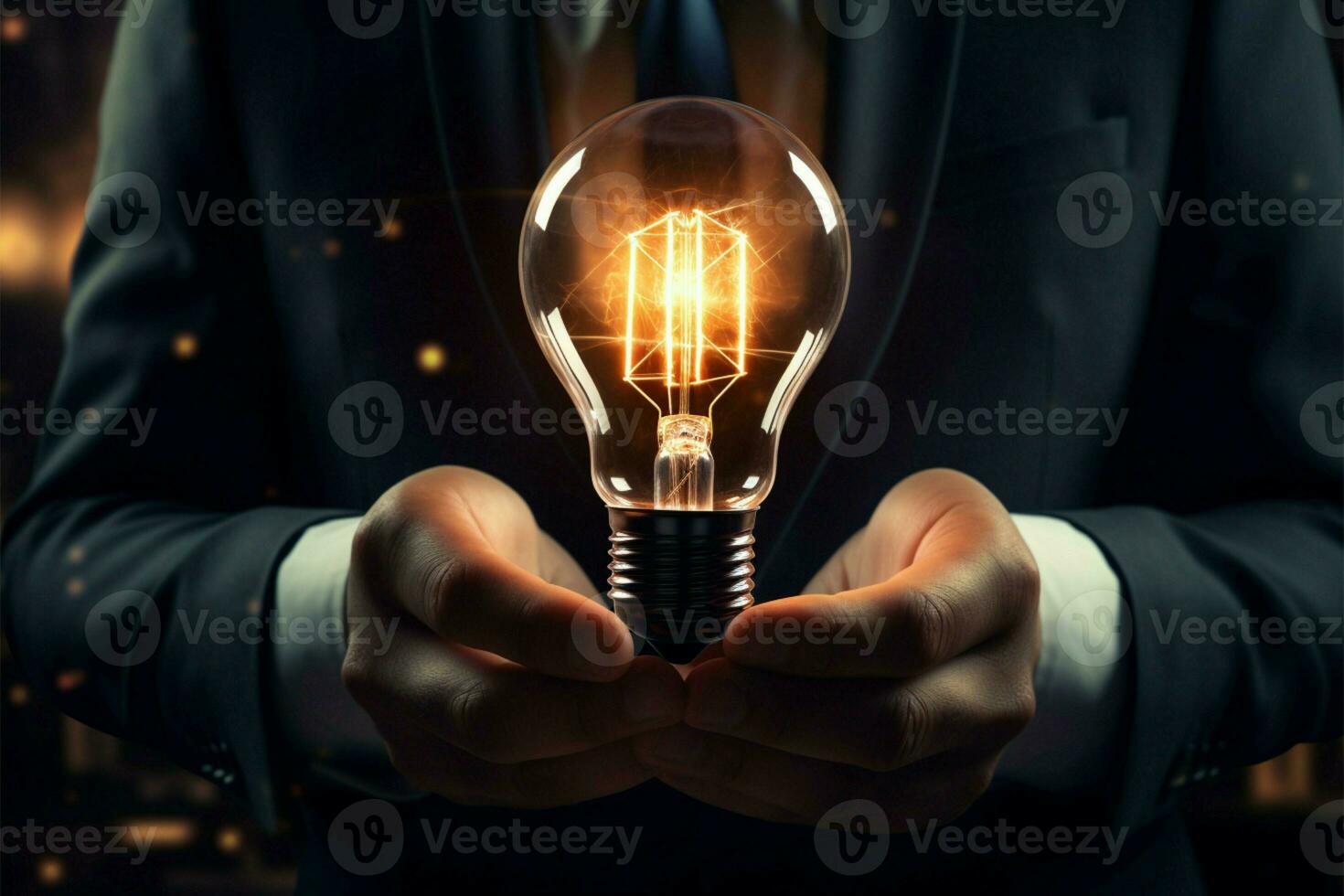 innovazione e ispirazione rappresentato di un' uomini d'affari raggiante leggero lampadina ai generato foto