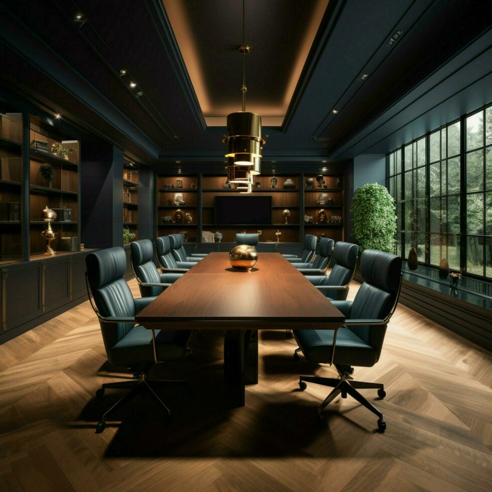 sofisticato sala del consiglio design grande nero tavolo, felpa Marrone sedie, tv per sociale media inviare dimensione ai generato foto