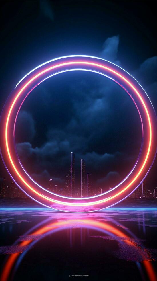 3d rendere neon cerchi contro un' notte cielo, brillantemente illuminante verticale mobile sfondo ai generato foto