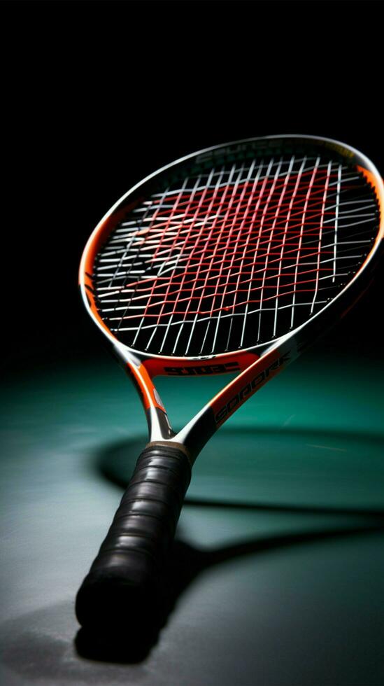 esperto racchetta sport, professionista giocatore, volano, racchetta mostra badminton eccellenza verticale mobile sfondo ai generato foto