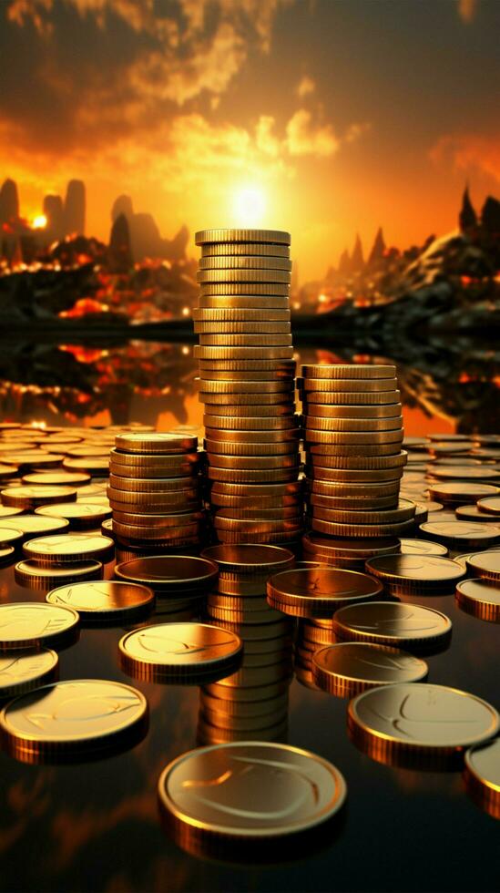 torreggiante moneta pile a Alba evocare finanziario abilità e ambizione verticale mobile sfondo ai generato foto