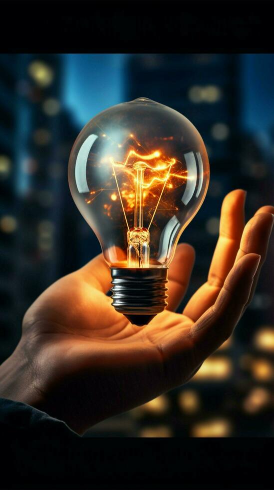 mano con luminoso lampadina simboleggia attività commerciale innovazione e visionario pensiero verticale mobile sfondo ai generato foto