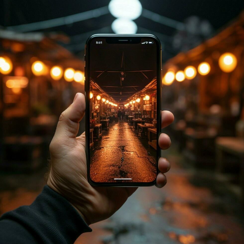 mans mano detiene e opera mobile Telefono, catturato nel un' avvicinamento telaio per sociale media inviare dimensione ai generato foto