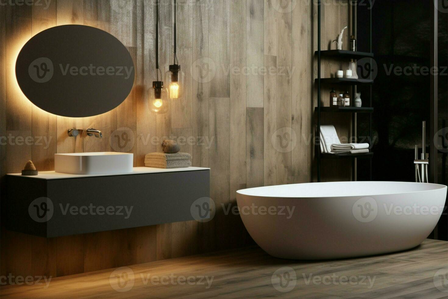 contemporaneo lusso bagno con di legno struttura, sospeso lampade, e eleganza ai generato foto