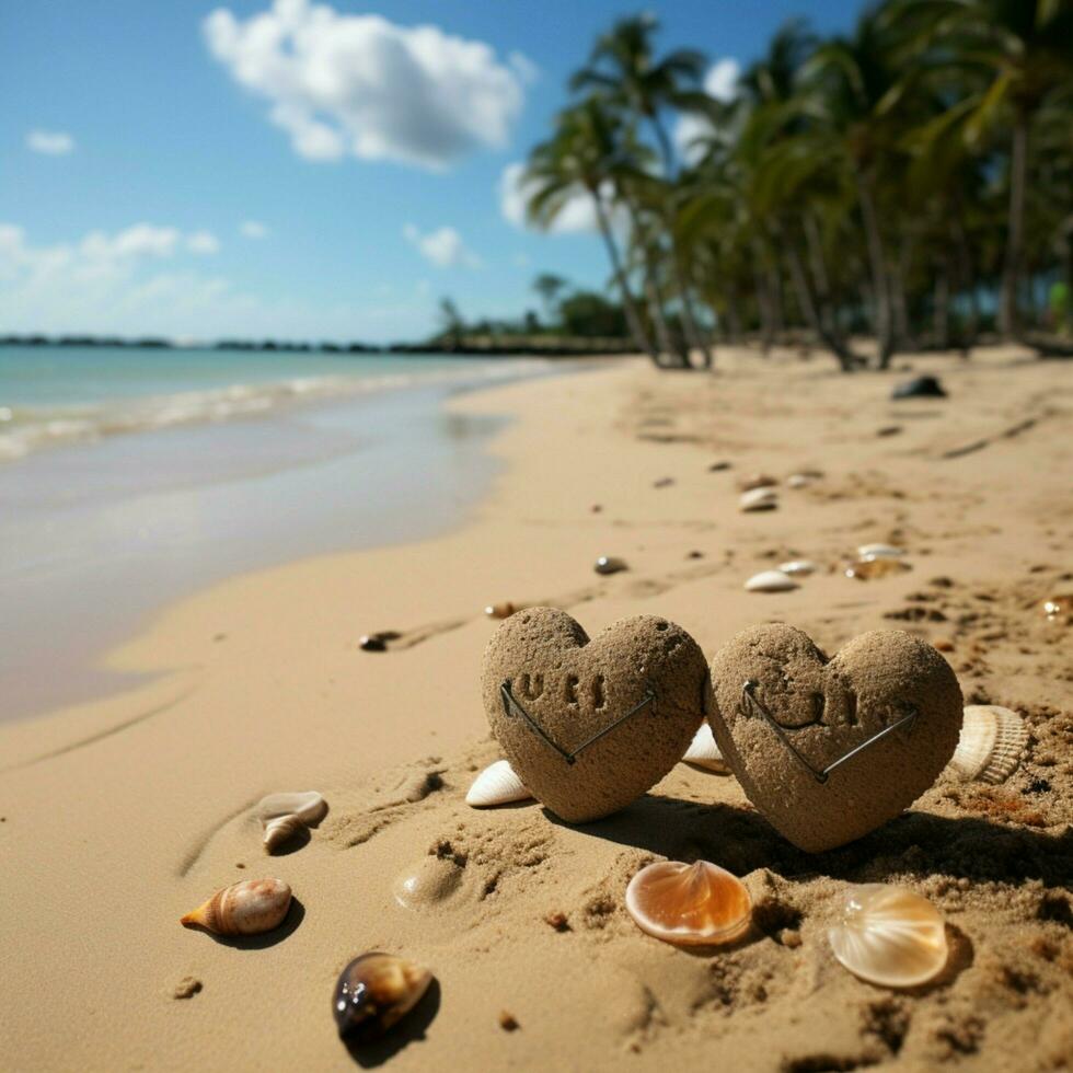 sulla spiaggia amore Appunti manoscritto cuori su sabbia sfondo, tropicale calore e affetto per sociale media inviare dimensione ai generato foto