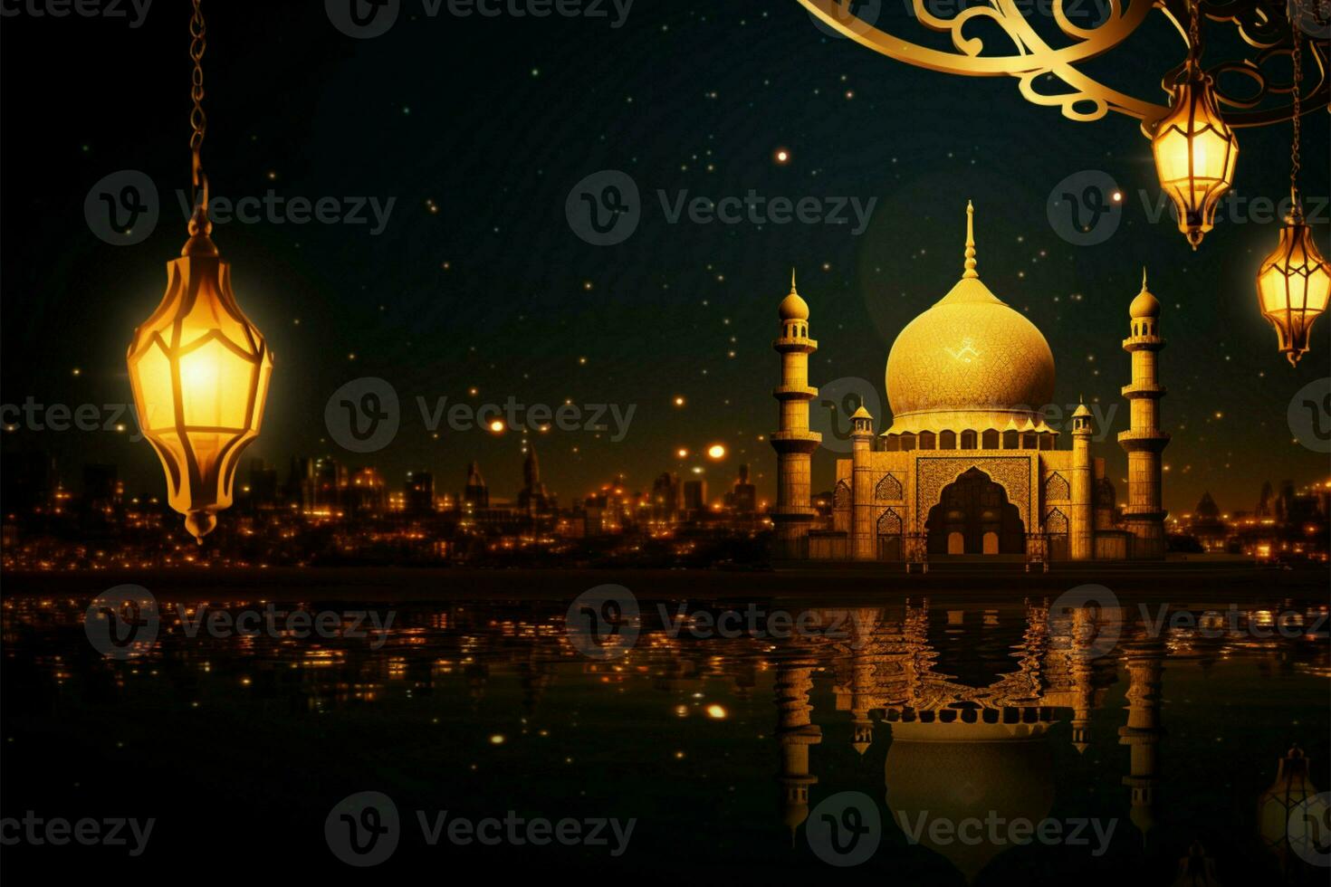 radiante eid al adha mubarak nel oro, integrato di tradizionale lanterne ai generato foto